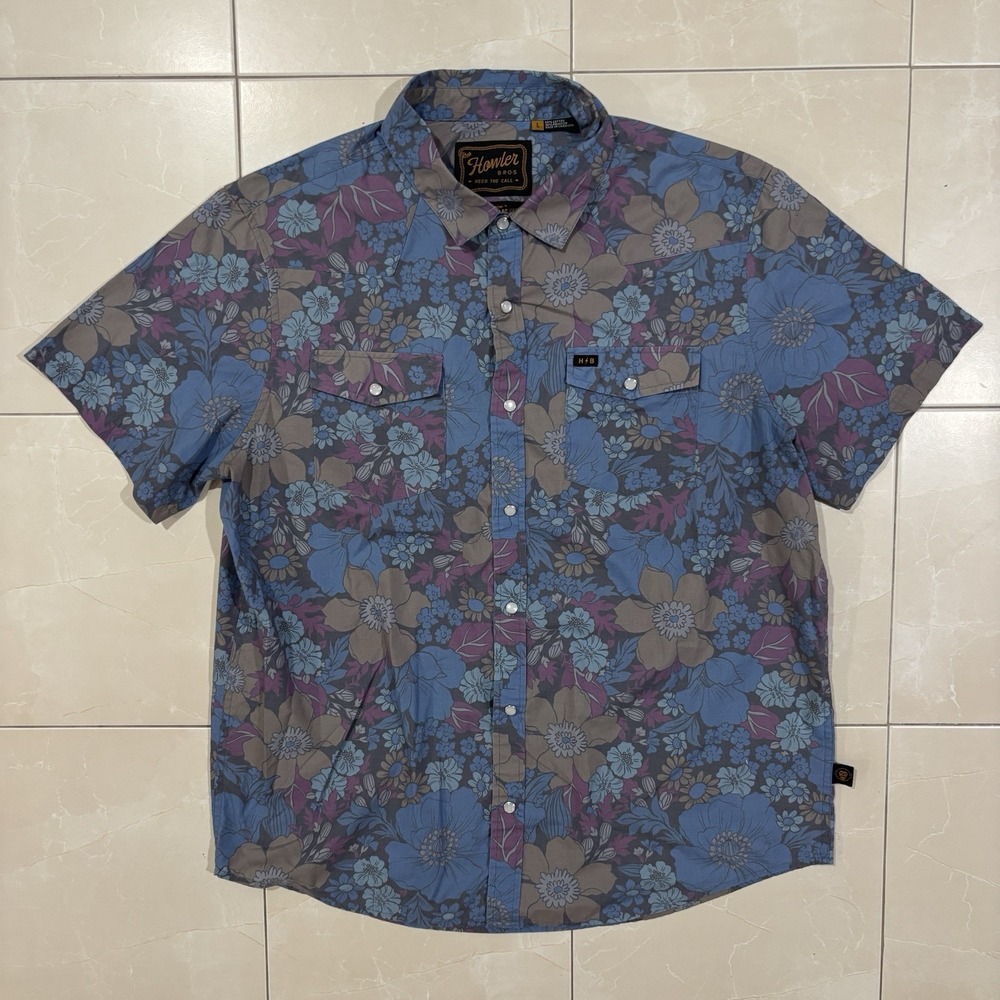 Howler Brothers H Bar B Shirt Men's L Flower Power Blues Snap Short Sleeve Large